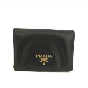 Authentic Prada Black Saffiano Leather Compact Wallet with Gold Logo
